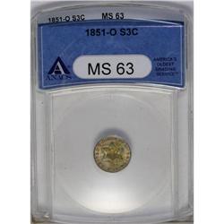	1851-O 3CS MS63 ANACS. Yellow, green, cyan, and pink-g 1851-O