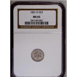 	1851-O 3CS MS65 NGC. Iridescent lime and gold endow th 1851-O