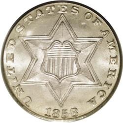	1858 3CS MS66 PCGS. Final year of the Type Two design. 1858