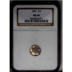	1862 3CS MS66 NGC. Variegated toning in deep shades of 1862