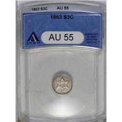 	1863 3CS AU55 ANACS. A nice looking, originally toned 1863