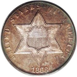 	1868 3CS PR66 Cameo PCGS. Some 440 1868 proof three ce 1868