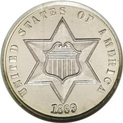 	1869 3CS PR66 Cameo NGC. Glassy fields and incredibly 1869