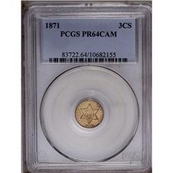 	1871 3CS PR64 Cameo PCGS. A couple of shades of gold-t 1871