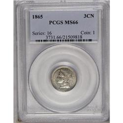 	1865 3CN MS66 PCGS. This Premium Gem exhibits strong o 1865