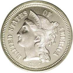 	1867 3CN PR66 Cameo PCGS. The 1867 three cent nickel i 1867