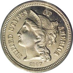 	1867 3CN PR66 Cameo PCGS. The glassy surfaces are espe 1867