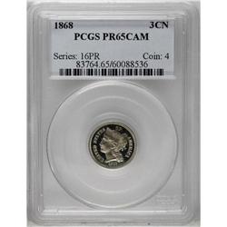 	1868 3CN PR65 Cameo PCGS. Light honey-gold patina cann 1868