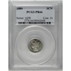 	1880 3CN PR66 PCGS. The beautiful proof fields are haz 1880