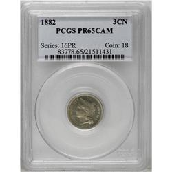 	1882 3CN PR65 Cameo PCGS. Luminous honey-gold and rose 1882