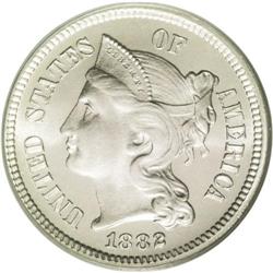 	1882 3CN PR68 Cameo PCGS. A remarkable Cameo proof of 1882