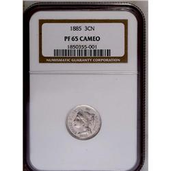 	1885 3CN PR65 Cameo NGC. This Three Cent nickel displa 1885