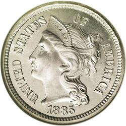 	1885 3CN PR67 Cameo NGC. A sharply struck Superb proof 1885