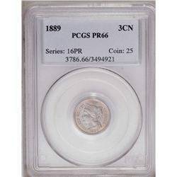 	1889 3CN PR66 PCGS. Peach and powder-blue toning adorn 1889