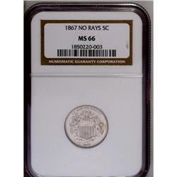 	1867 5C No Rays MS66 NGC. Sharply struck and highly lu 1867