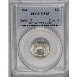 	1874 5C MS65 PCGS. A flashy, lustrous Gem, with a bold 1874