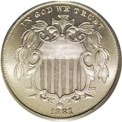 	1881 5C PR67 PCGS. Light honey-gold and ice-blue tonin 1881