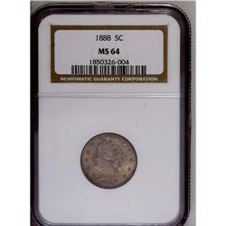 	1888 5C MS64 NGC. Softly struck on obverse stars 6 thr 1888