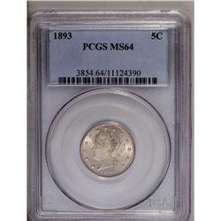 	1893 5C MS64 PCGS. Gray-gold surfaces display somewhat 1893