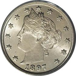 	1897 5C MS66 PCGS. The bright, shimmering mint luster 1897