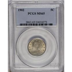 	1902 5C MS65 PCGS. Sharply struck devices complement a 1902