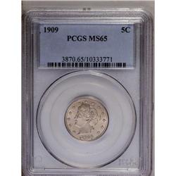 	1909 5C MS65 PCGS. Sharply struck, with light tan-gold 1909