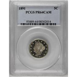 	1891 5C PR64 Cameo PCGS. Crisply struck, frosted devic 1891