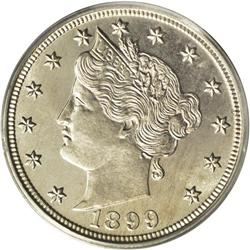 	1899 5C PR66 Cameo PCGS. The frosty, razor-sharp devic 1899