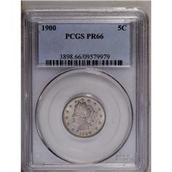 	1900 5C PR66 PCGS. Bright proof surfaces are enveloped 1900