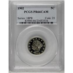 	1902 5C PR66 Cameo PCGS. Brilliant and exquisitely str 1902