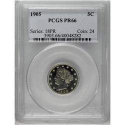 	1905 5C PR66 PCGS. Razor-sharp striking details and ri 1905