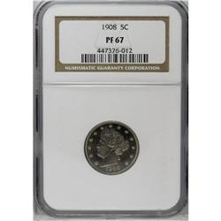 	1908 5C PR67 NGC. A medium gray Superb Gem proof with 1908