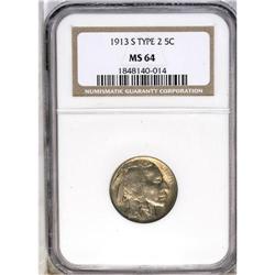 	1913-S 5C Type Two MS64 NGC. Lovely golden-tan surface 1913-S