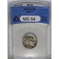 	1913-S 5C Type Two MS64 ANACS. A blended ice-blue and 1913-S