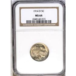 	1914-D 5C MS64 NGC. Light gray surfaces exhibit satiny 1914-D