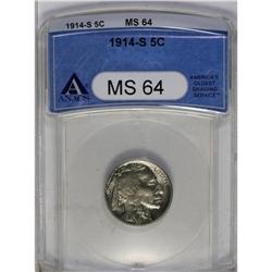 	1914-S 5C MS64 ANACS. Light salmon-pink and lime shade 1914-S