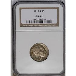 	1919-S 5C MS61 NGC. Deep golden-brown toning over lust 1919-S