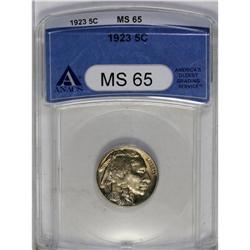 	1923 5C MS65 ANACS. This olive and rose Gem is bathed 1923