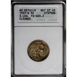 	1937-D 5C Three-Legged--Cleaned--ANACS. AU Details, Ne 1937-D