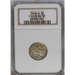 	1937-D 5C Three-Legged AU58 NGC. FS-020.2. Iridescent 1937-D