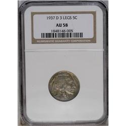 	1937-D 5C Three-Legged AU58 NGC. FS-020.2. A chestnut- 1937-D