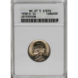 	1938-D 5C MS67 5 Steps ANACS. Peach and lavender tonin 1938-D