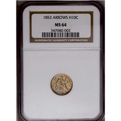 	1853 H10C Arrows MS64 NGC. Bright, lustrous, and well 1853