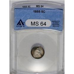 	1855 H10C Arrows MS64 ANACS. Golden-brown and gunmetal 1855