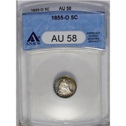 	1855-O H10C Arrows AU58 ANACS. Cobalt-blue, lavender, 1855-O