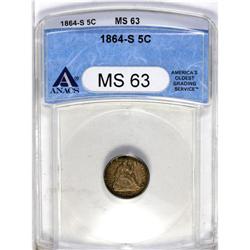 	1864-S H10C MS63 ANACS. Rich golden-brown and olive pa 1864-S