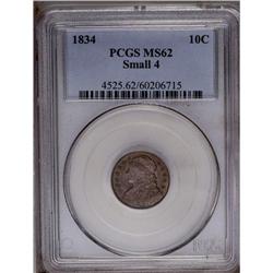 	1834 10C Small 4 MS62 PCGS. JR-7, R.2. Lustrous surfac 1834