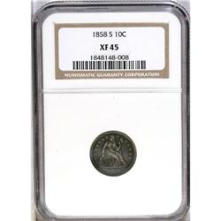 	1858-S 10C XF45 NGC. Medium gray toning shows hints of 1858-S