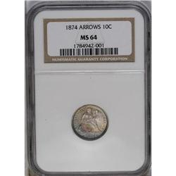 	1874 10C Arrows MS64 NGC. This attractive near-Gem is 1874