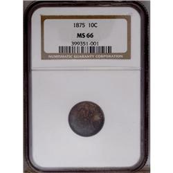 	1875 10C MS66 NGC. Deeply patinated in autumn-brown an 1875